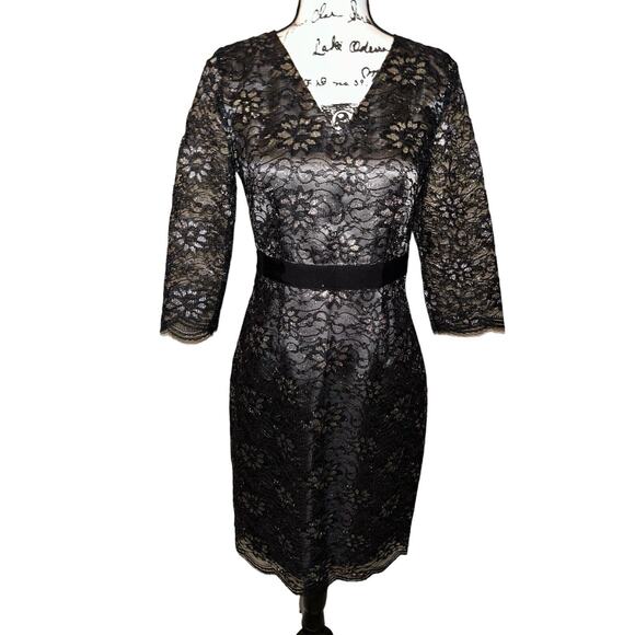 Banana‎ Republic Black Gold Floral Lace Dress Cocktail Elegant V Neck 3/4 Sleeve - Picture 1 of 14
